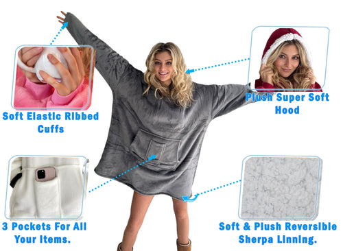 Oversized Sherpa Hoodie Sweatshirt - Warm Luxurious Fleece Microfiber Hoodie Blanket - Cozy, Reversible, Hooded, W/ Comfortable Large Pockets - Large Unisex Red