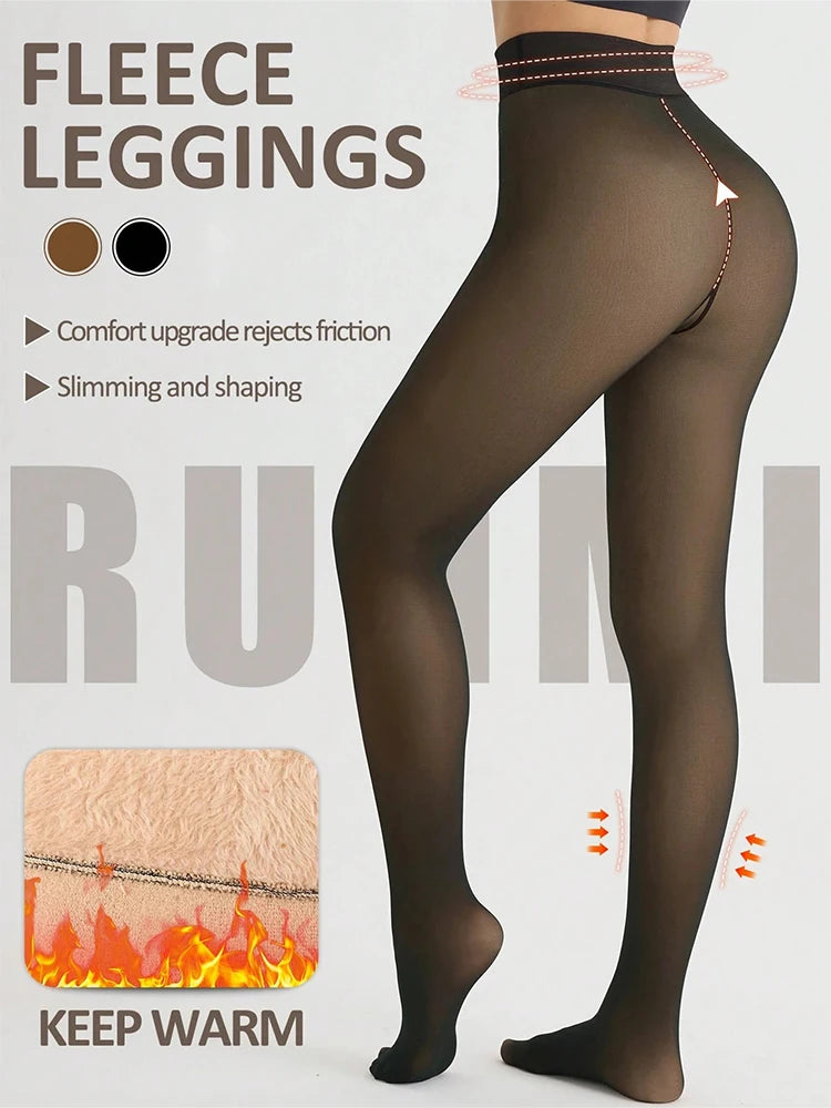 Women's Fleece-Lined Thermal Leggings - Sheer Tights with Booty Lifting and Translucent Design for Winter Comfort