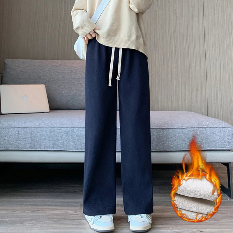 Winter Women Fleece Wide Leg Long Pants 