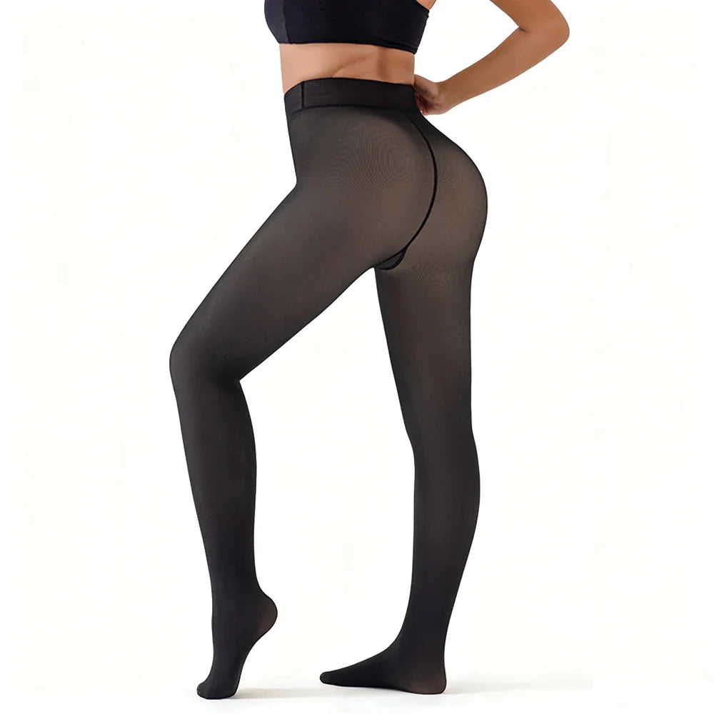 Women's Fleece-Lined Thermal Leggings - Sheer Tights with Booty Lifting and Translucent Design for Winter Comfort