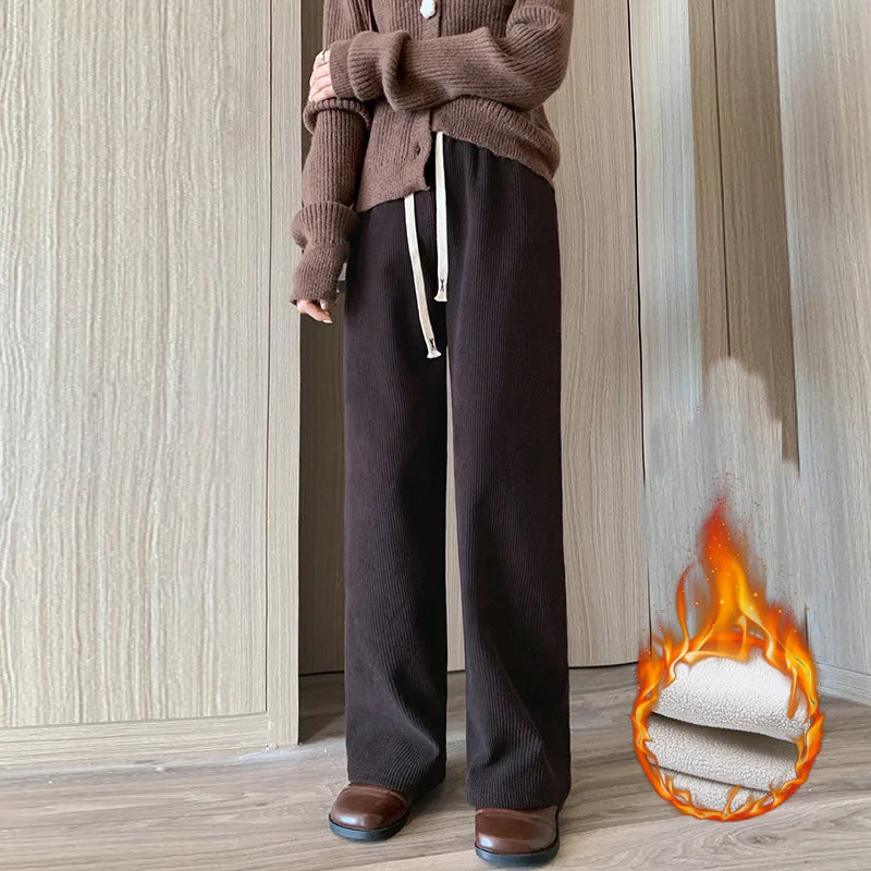 Winter Women Fleece Wide Leg Long Pants 
