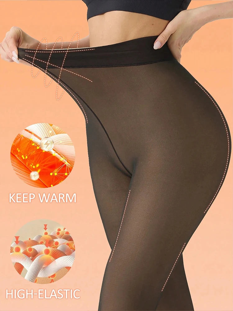 Women's Fleece-Lined Thermal Leggings - Sheer Tights with Booty Lifting and Translucent Design for Winter Comfort