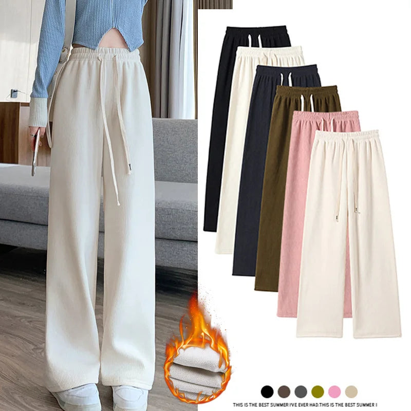 Winter Women Fleece Wide Leg Long Pants Thicken Warm Winter Stright Long Elastic Waist Trousers Casual Loose Female Botton Pants
