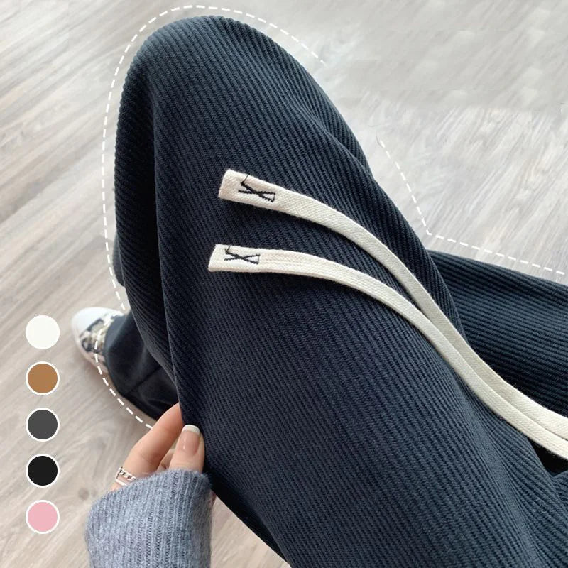 Winter Women Fleece Wide Leg Long Pants Thicken Warm Winter Stright Long Elastic Waist Trousers Casual Loose Female Botton Pants