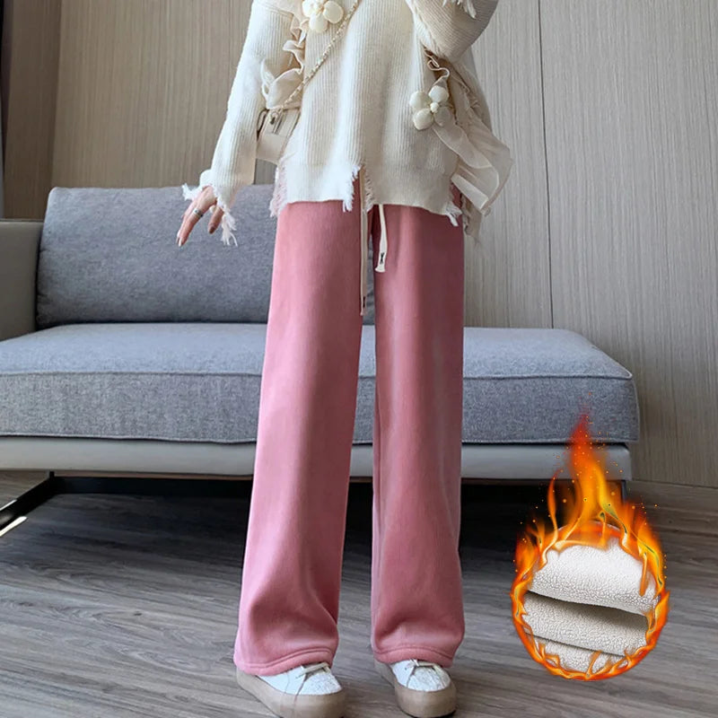 Winter Women Fleece Wide Leg Long Pants 