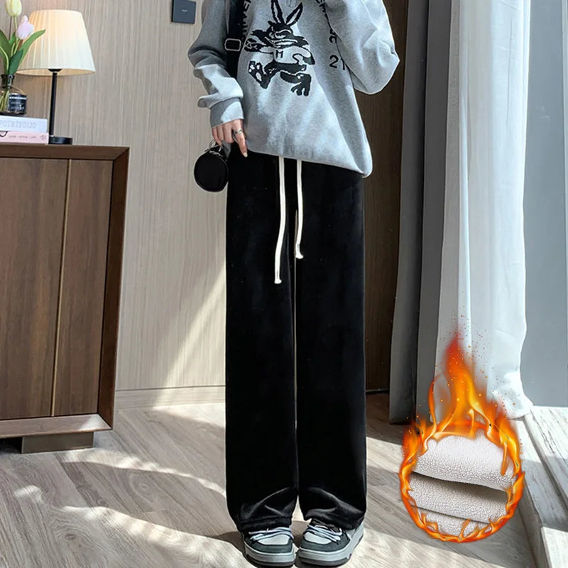 Winter Women Fleece Wide Leg Long Pants 